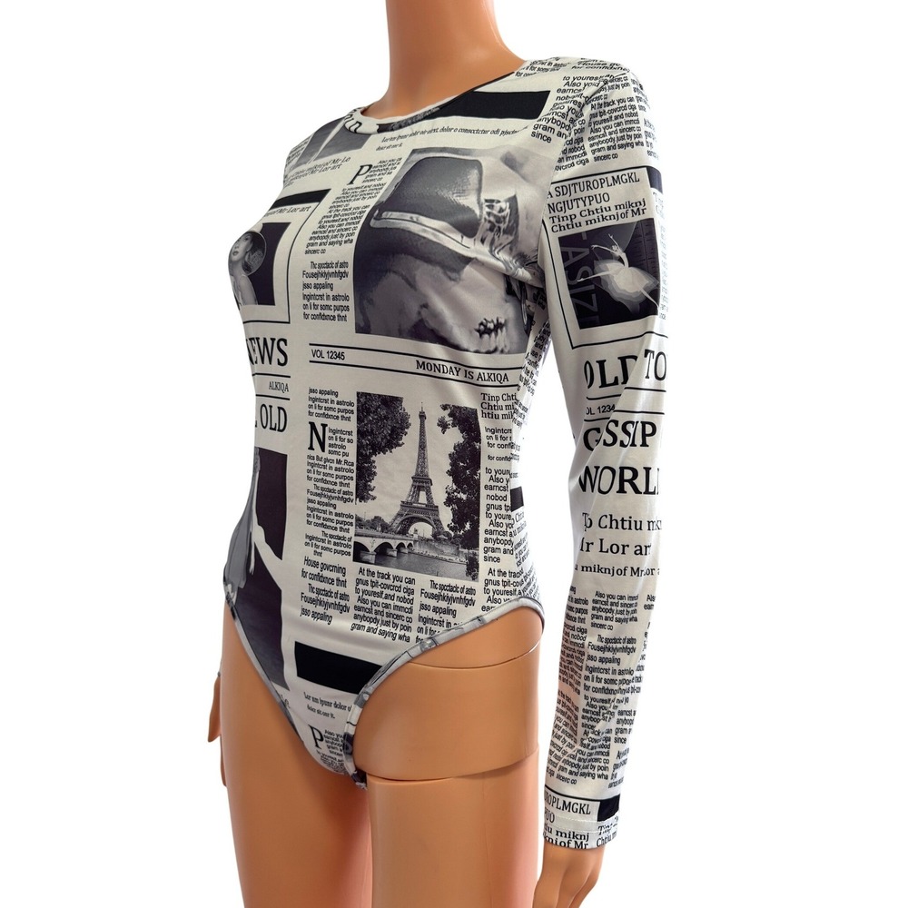 ChicMe Newspaper Print Long Sleeve Bodysuit Black White Graphic M